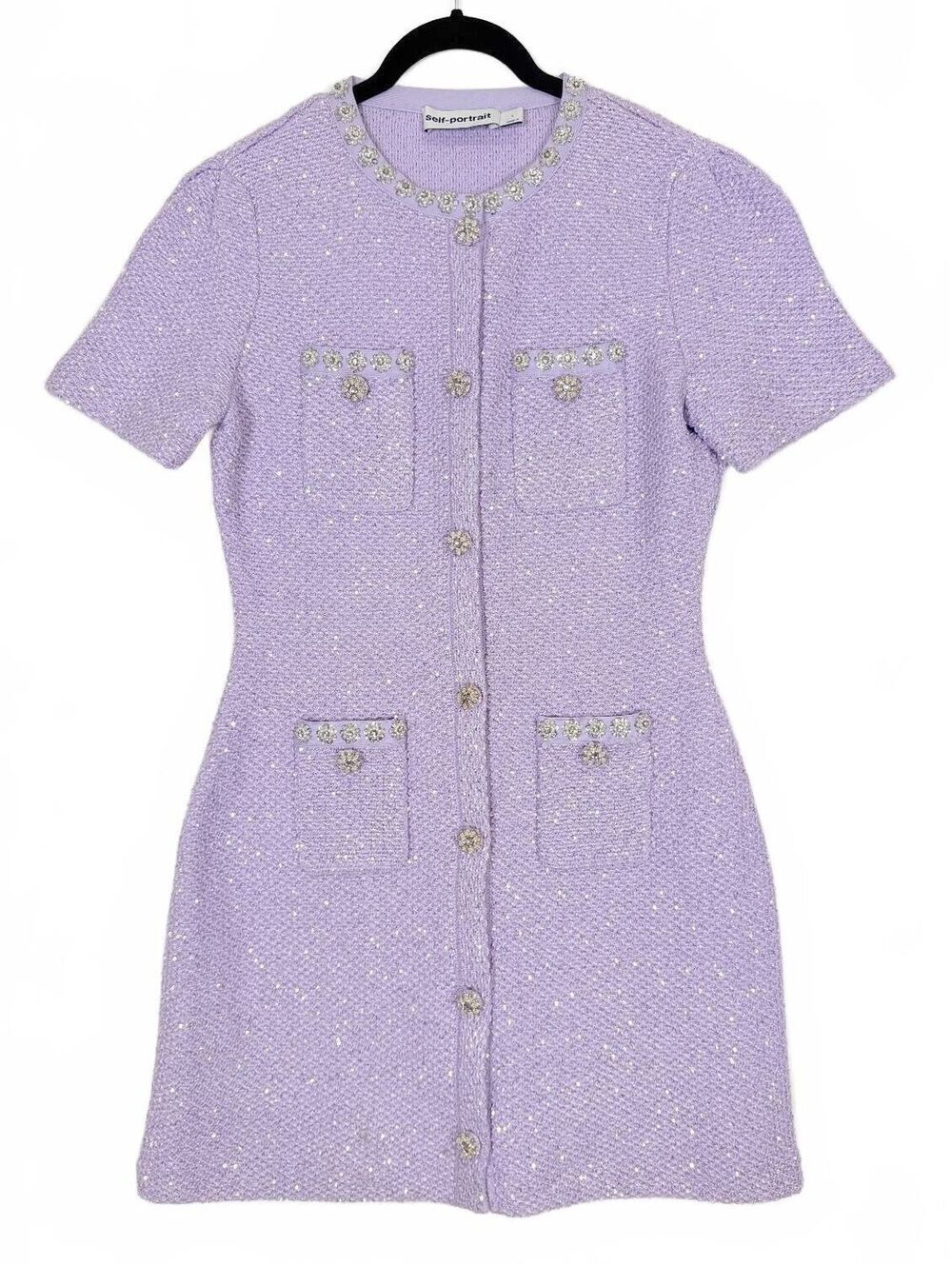 Self-Portrait Lilac‎ Sequin Embellished Knit Button Mini Dress Lavender Sz Large